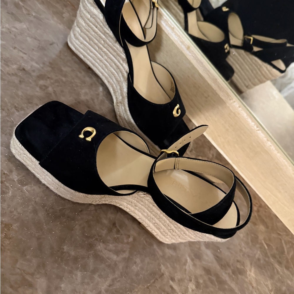 COACH Black Suede Espadrille Wedge Sandal Women's Size US 7 Gold Coach Logo - Picture 5 of 6
